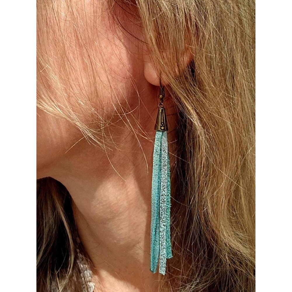 Handmade Tourquoise Leather Long Dangling Boho Tassel Earrings